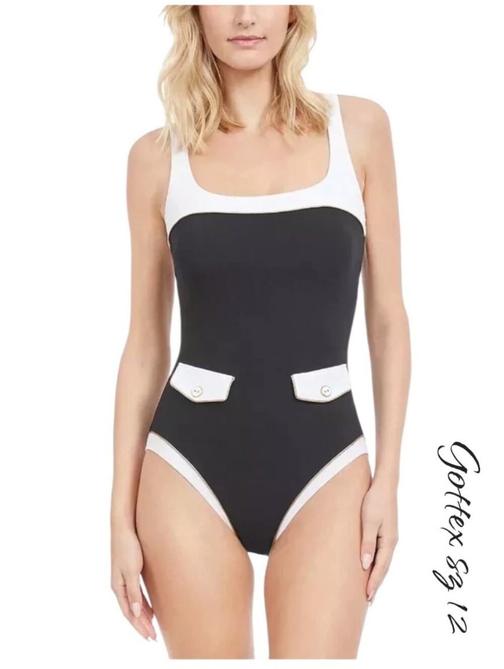 Gottex High Class Square Neck One Piece Swimsuit Navy White Trim sz 12 NWT